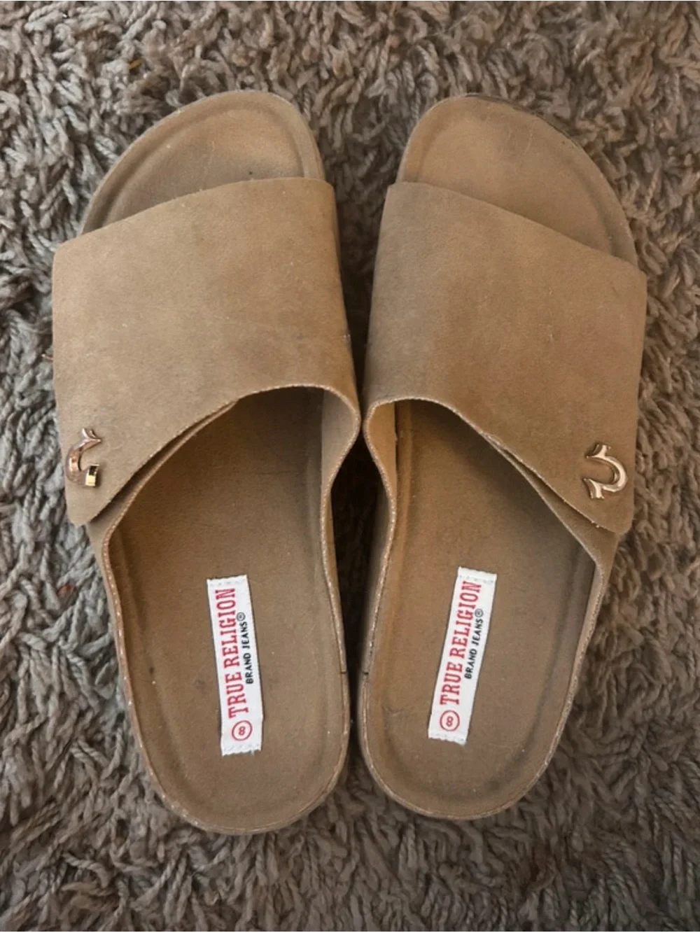 True Religion Suede Slide Sandals in Tan